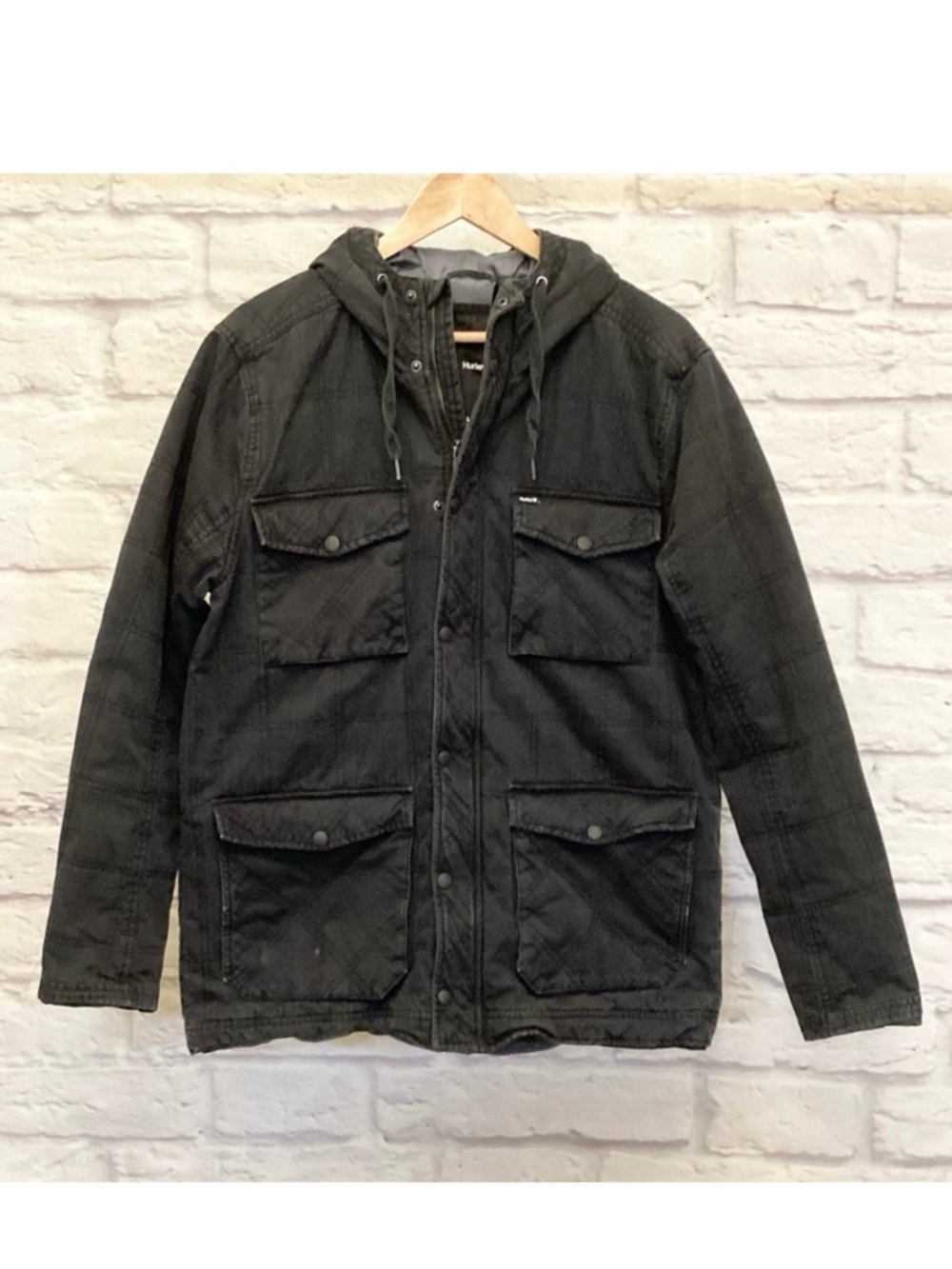 Hurley Lg Canvas Chore Barn Jacket Men’s Faded Black Pockets Hooded Small Flaw